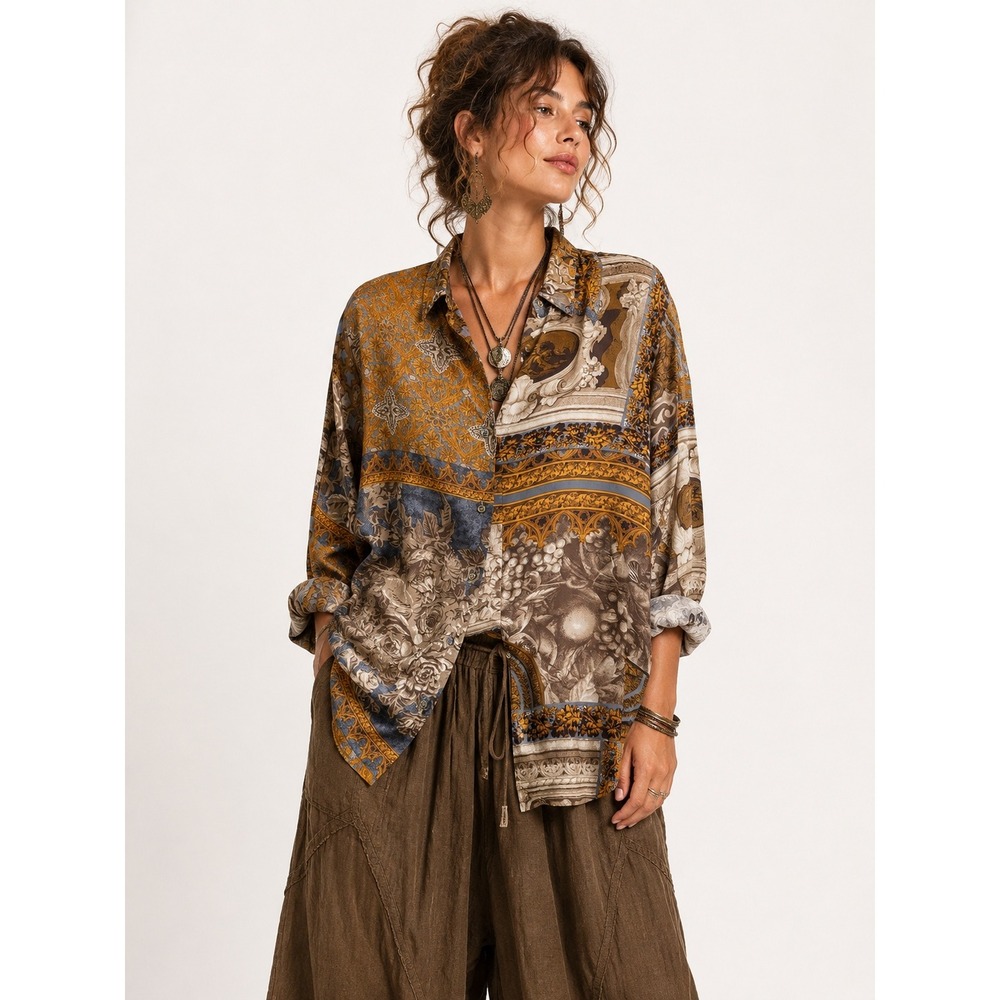 VTG 90s Express Silk Button Up Shirt Women S Gold Brown Baroque Floral Boho Chic